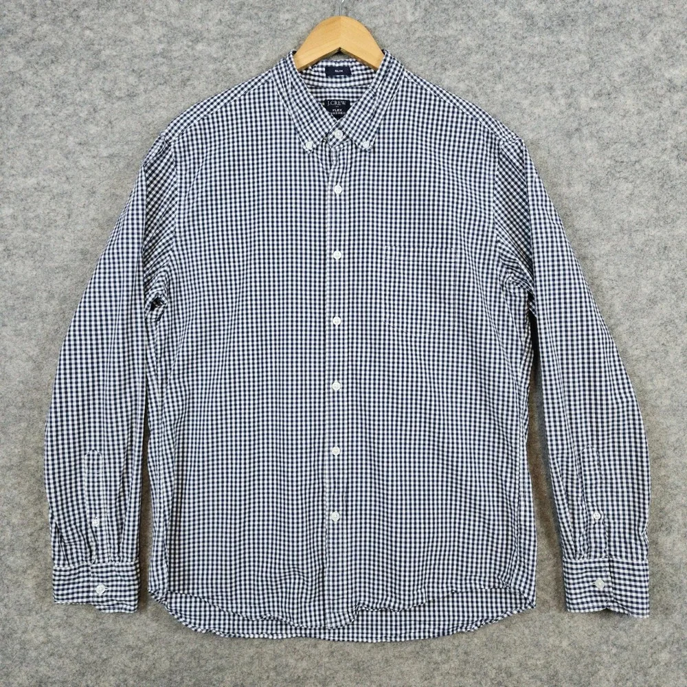 J Crew Men's Navy Blue & White Checked Dress Shirt Size XL Slim Fit‎ Flex Washed
